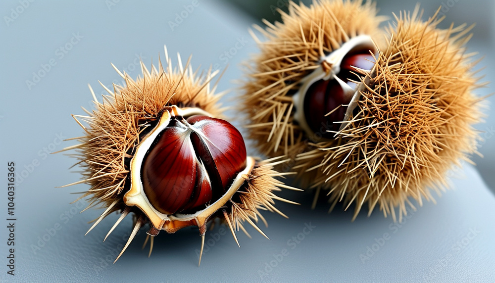 Chestnuts nestled in spiky casings reveal their glossy treasures indoors Chestnuts nestled in spiky casings reveal their glossy treasures indoors