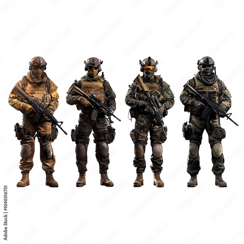 Four Armed Soldiers in Camouflage Uniforms Holding Rifles, Isolated on White Background, military, soldier, combat, armed forces, weapons