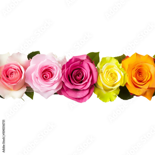 Five Colorful Roses in a Row Isolated on White Background, roses, flower, bloom, floral