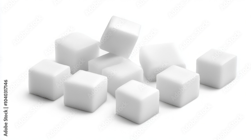 White sugar cubes arranged neatly, pure and simple, offering a clean aesthetic, highlighting their texture and form against a pristine white backdrop. White sugar cubes arranged neatly, pure and simple, offering a clean aesthetic, highlighting their texture and form against a pristine white backdrop.