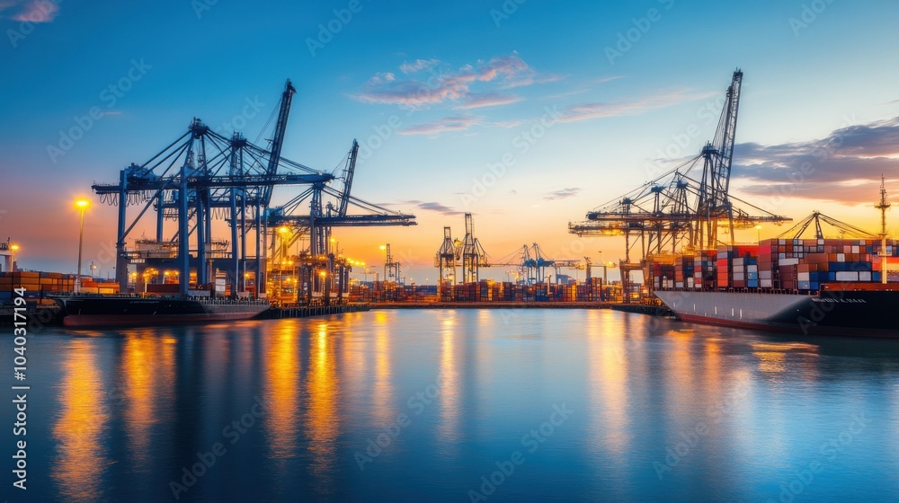 A contemporary shipping terminal illuminated by the soft glow of dawn, with cranes and containers reflecting the warm morning light, representing the steady expansion of international trade A contemporary shipping terminal illuminated by the soft glow of dawn, with cranes and containers reflecting the warm morning light, representing the steady expansion of international trade