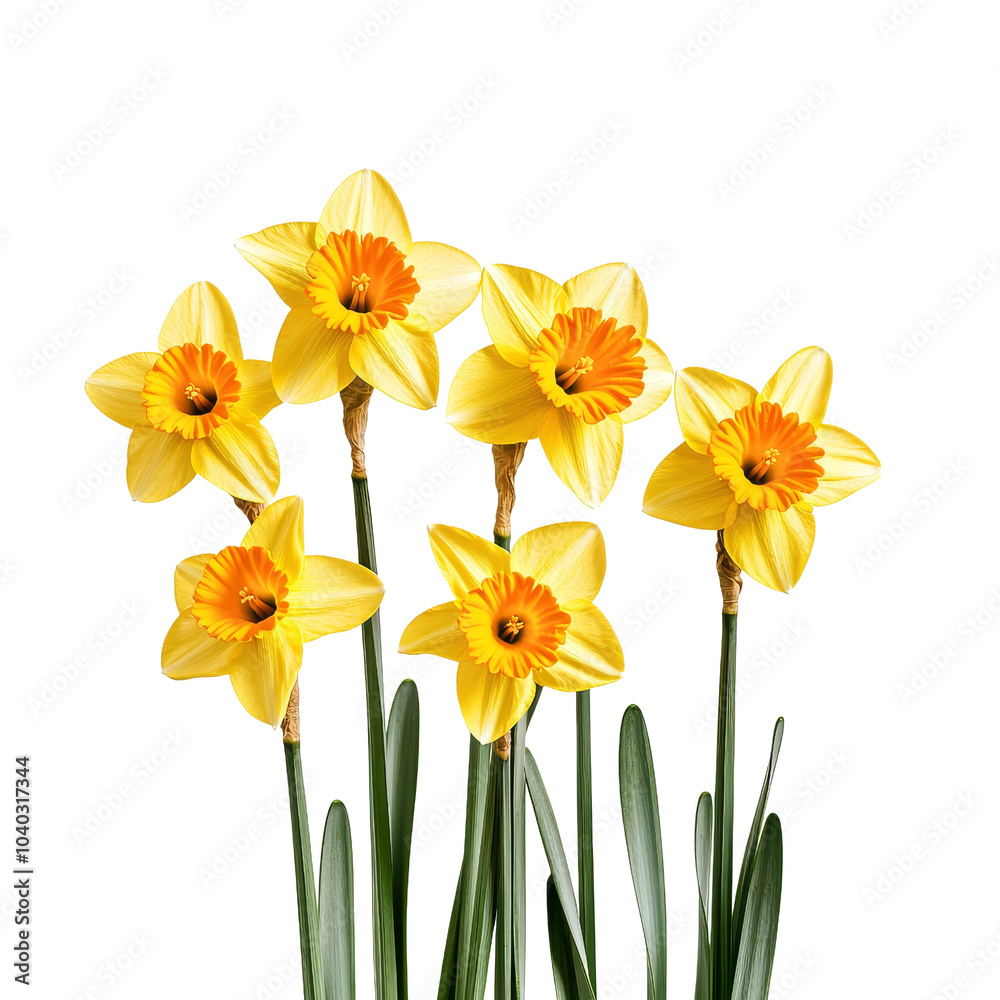 Six Yellow Daffodils with Orange Center Isolated on White Background, spring flowers, narcissus, jonquil, easter flower Six Yellow Daffodils with Orange Center Isolated on White Background, spring flowers, narcissus, jonquil, easter flower