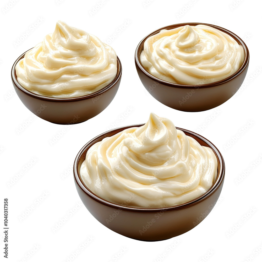 Three Bowls of Creamy Mayonnaise Isolated on White Background, mayonnaise, condiment, sauce, dip, food photography Three Bowls of Creamy Mayonnaise Isolated on White Background, mayonnaise, condiment, sauce, dip, food photography