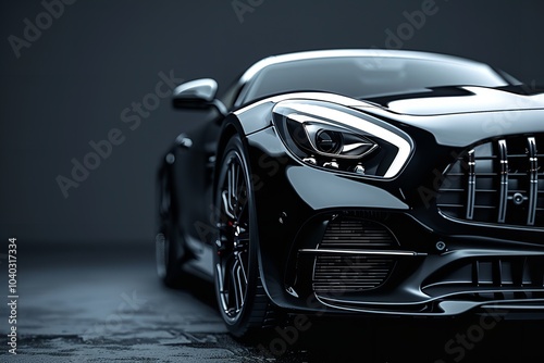 Beneath fluorescent lighting, an elegant racing car is parked in a sombre, darkly lighted subterranean garage reflected on a damp ground, Generative AI.