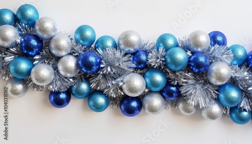 Glittering Christmas ornaments in blue and silver, festive arrangement, holiday decoration, copy space