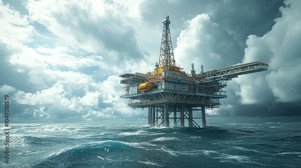 offshore oil rig stands tall in the middle of the ocean, framed by a stunning sky. The rig symbolizes energy extraction, industrial power, and human resilience against nature's vast expanse