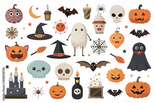cute Halloween element Icons collection with pumpkins and ghosts