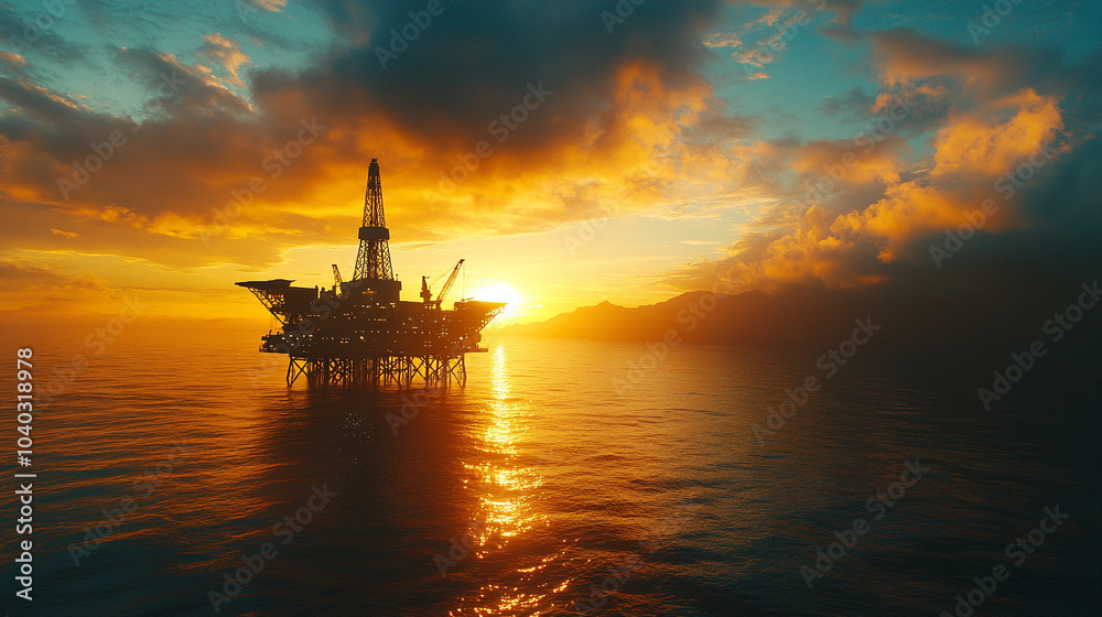 offshore oil rig stands tall in the middle of the ocean, framed by a stunning sky. The rig symbolizes energy extraction, industrial power, and human resilience against nature's vast expanse offshore oil rig stands tall in the middle of the ocean, framed by a stunning sky. The rig symbolizes energy extraction, industrial power, and human resilience against nature's vast expanse