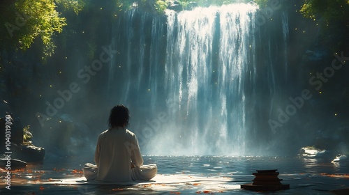 Enoch prayer beneath celestial waterfall divine water glowing as it cascades down spiritual energy radiating through the air serene atmosphere of devotion photo