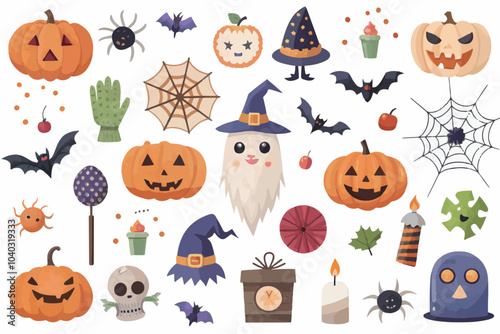 cute Halloween element Icons collection with pumpkins and ghosts