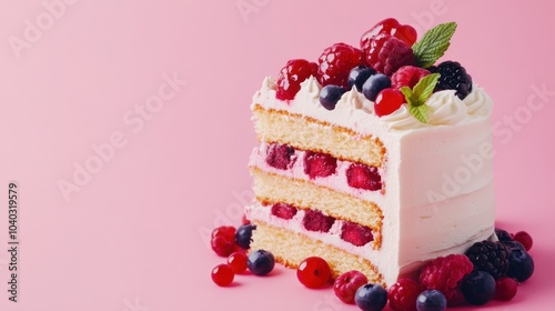 Indulgent Berry Cream Cake Slice on Pink Background - Sweet Dessert Delight