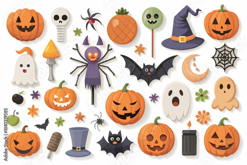 cute Halloween element Icons collection with pumpkins and ghosts