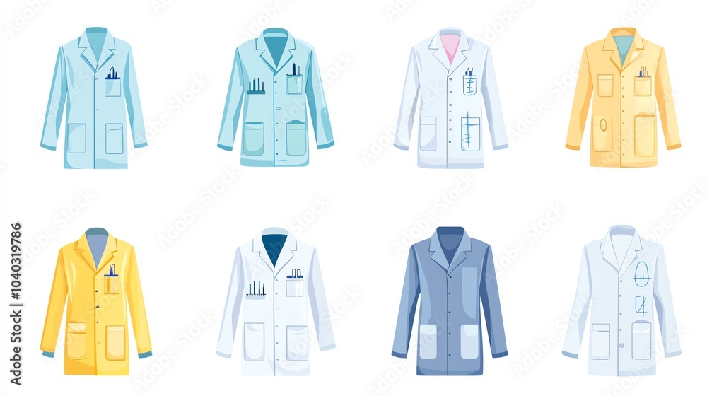 Colorful variety of medical lab coats on a white isolated background. Colorful variety of medical lab coats on a white isolated background.