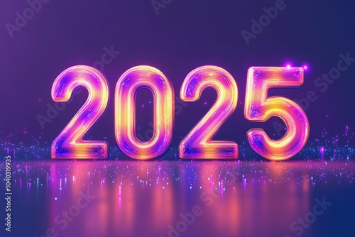 A 3D render of the text "2025" with a futuristic, neon-like design. 