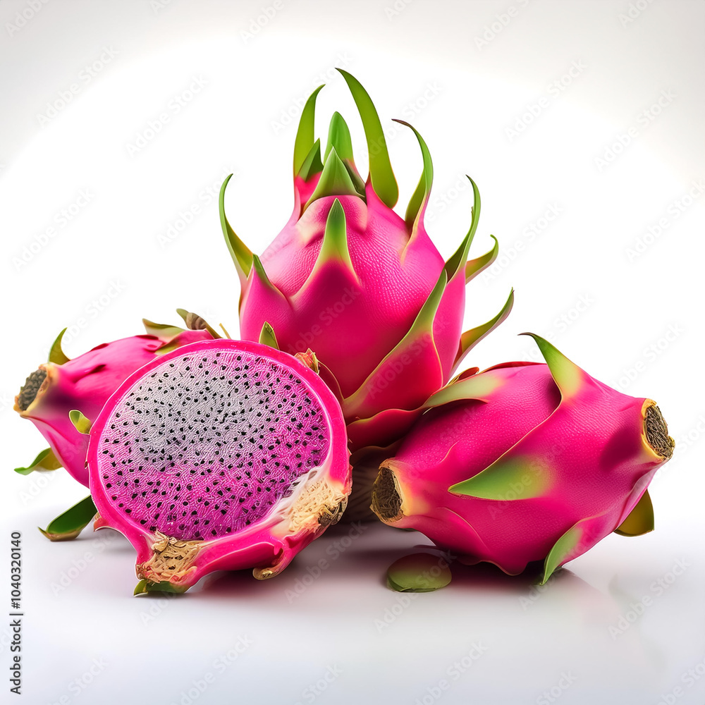 dragon fruit whole and sliced scattered around background concept isolated white dragon fruit whole and sliced scattered around background concept isolated white