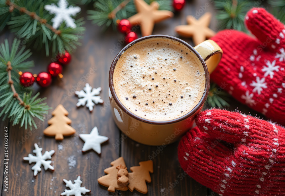 Christmas background, gingerbread cookies red mittens coffee cup spruce branches snow balls, top view Christmas background, gingerbread cookies red mittens coffee cup spruce branches snow balls, top view