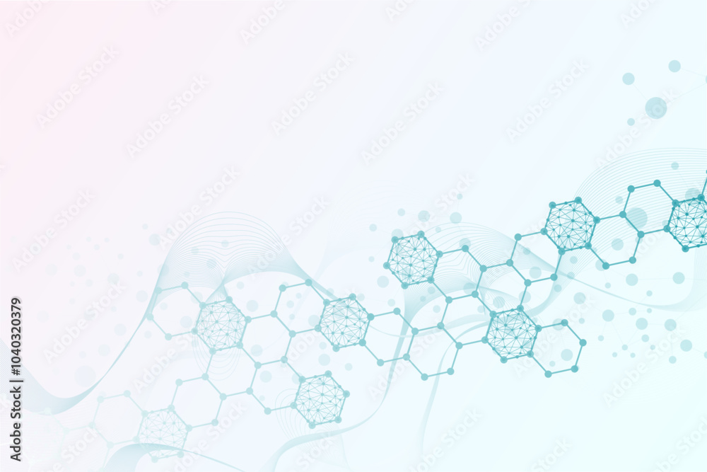 Modern scientific background with hexagons, lines and dots. Wave flow abstract background. Molecular structure for medical, technology, chemistry, science. Vector illustration Modern scientific background with hexagons, lines and dots. Wave flow abstract background. Molecular structure for medical, technology, chemistry, science. Vector illustration