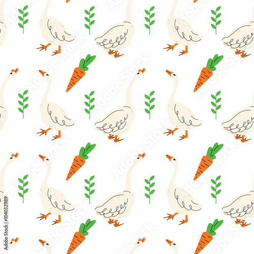 Seamless pattern with geese in various poses. Cartoon vector illustration isolated on background. Farm animal design  adorable birds in different poses, funny characters