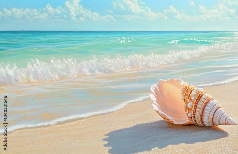 A beautiful beach scene with a clear blue sky and turquoise water, orange pink seashell lying flat in close-up. 