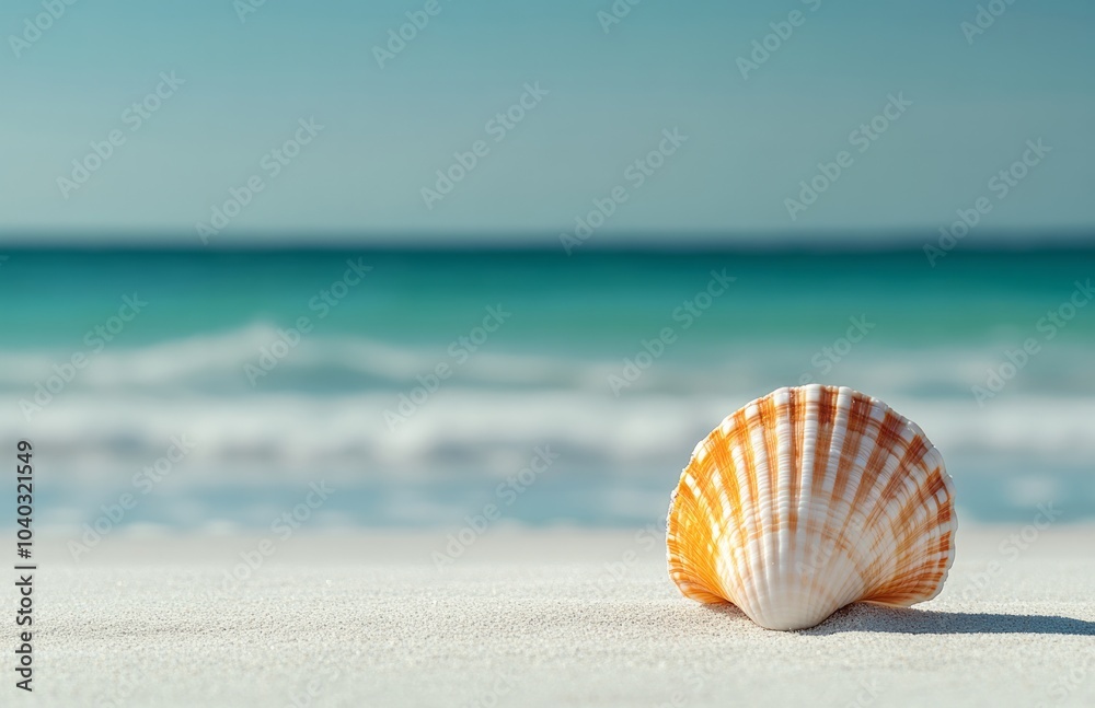 A beautiful beach scene with a clear blue sky and turquoise water, orange pink seashell lying flat in close-up. A beautiful beach scene with a clear blue sky and turquoise water, orange pink seashell lying flat in close-up.