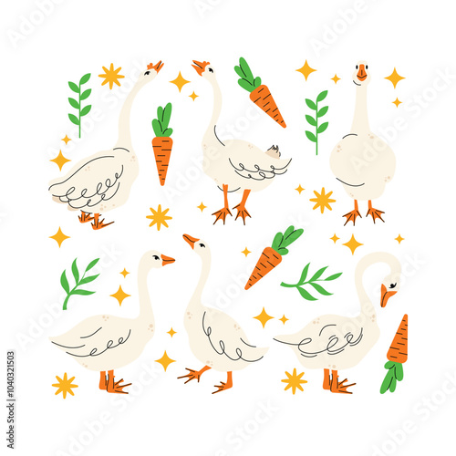 Set of geese in various poses. Cartoon vector illustration isolated on background. Farm animal design  adorable birds in different poses, funny characters
