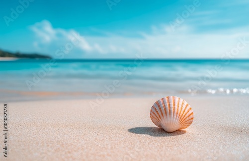 A beautiful beach scene with a clear blue sky and turquoise water, orange pink seashell lying flat in close-up. 