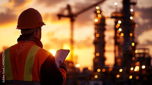 Worker in safety gear monitoring construction site at sunset, showcasing industrial development.