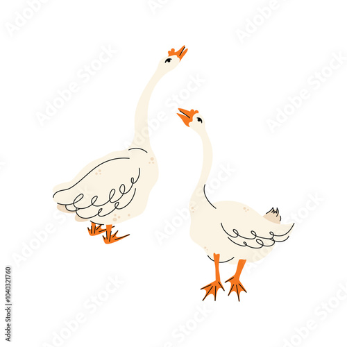 Set of geese in various poses. Cartoon vector illustration isolated on background. Farm animal design  adorable birds in different poses, funny characters