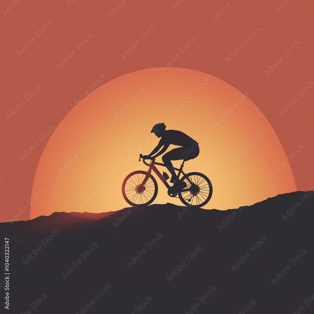 Silhouette of a cyclist riding on a hilltop at sunset, the sun's rays filtering through the bike’s frame Silhouette of a cyclist riding on a hilltop at sunset, the sun's rays filtering through the bike’s frame