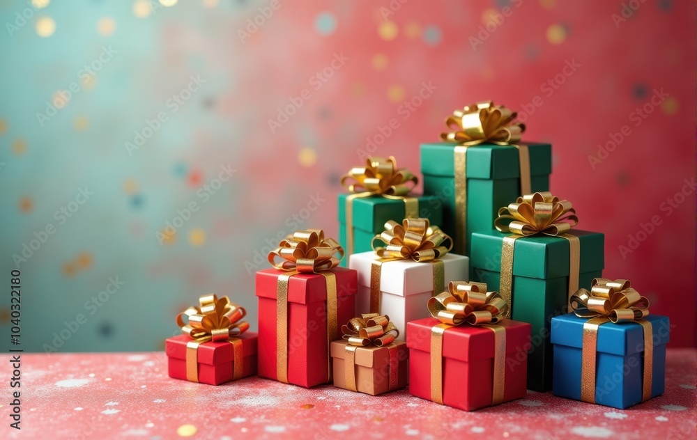 Obraz premium Beautifully wrapped Christmas gifts with festive bows.