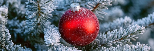 Traditional red Christmas ornament hanging on frosted fir tree