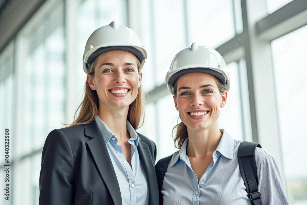 businesswoman smile in white helmets in a new office space businesswoman smile in white helmets in a new office space