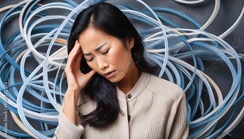 Woman with brunette hair, hands on head, eyes closed, face showing pain, studio setting