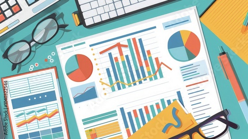 Accounting business irs internal audit analysis vector table desk or seo statistic market sales research inspection flat lay, quality study chart, financial budget review report, company investment