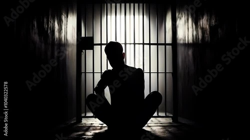 Silhouette of Depressed Man In Prison Head In Hands, Alone Male Silhouette Horror Scary In Mental Institution. Generative AI
