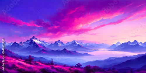 A purple mountainous landscape with a river flowing through it. A breathtaking purple landscape with mountains and a river.