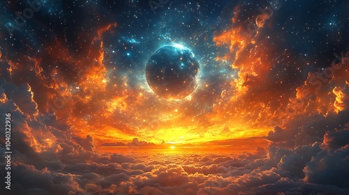 Watchers the Book of Enoch observing humanity majestic beings in cosmic harmony with stars moon and Earth evoking a profound sense of awe and mystery in the celestial scene