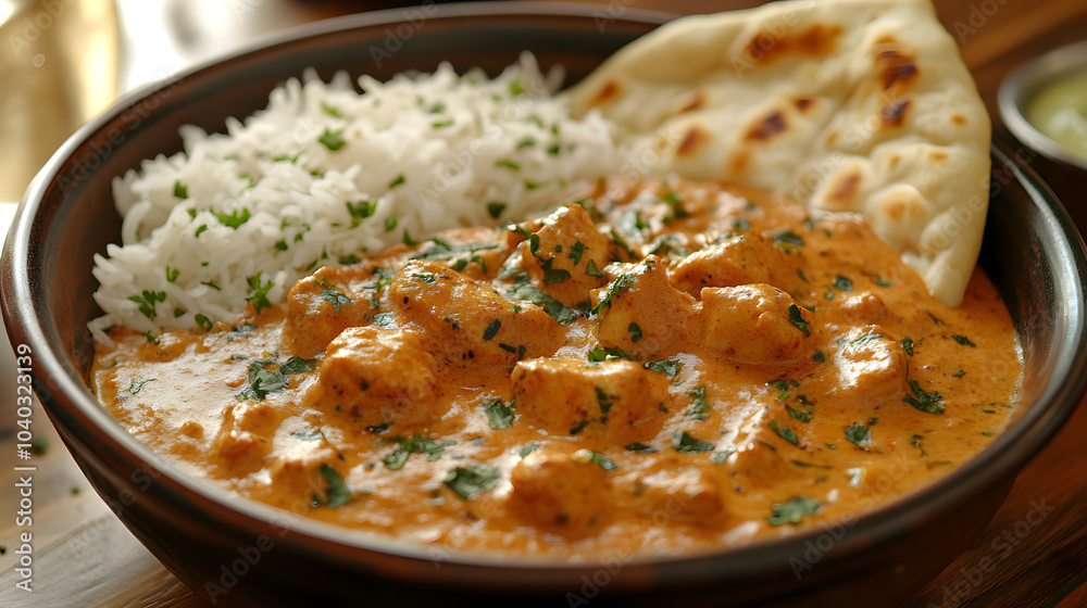 A photo of Indian butter chicken curry, with creamy tomato sauce, served with basmati rice and naan, shot with a telephoto lens A photo of Indian butter chicken curry, with creamy tomato sauce, served with basmati rice and naan, shot with a telephoto lens
