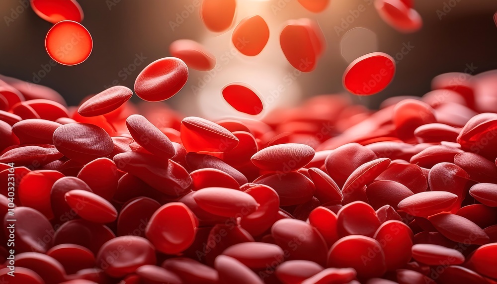 Fototapeta premium Microscopic view of red blood cells flowing through a vein, resembling a heart-shaped candy against a white background
