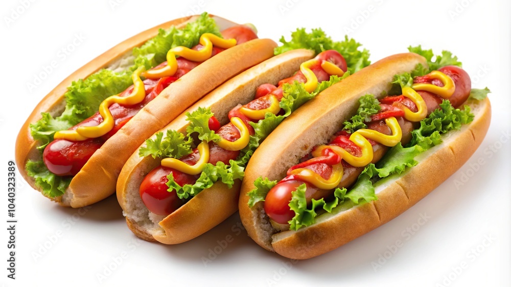 Aerial view of juicy hotdogs isolated on white background Aerial view of juicy hotdogs isolated on white background