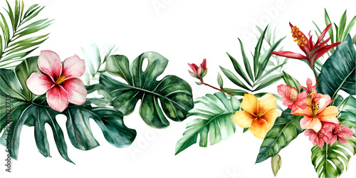 Tropical floral border with pink plumeria and bird of paradise flowers isolated on a transparent background, PNG