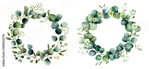 Watercolor eucalyptus wreath isolated on a transparent background showcasing delicate green leaves for botanical decor, PNG
