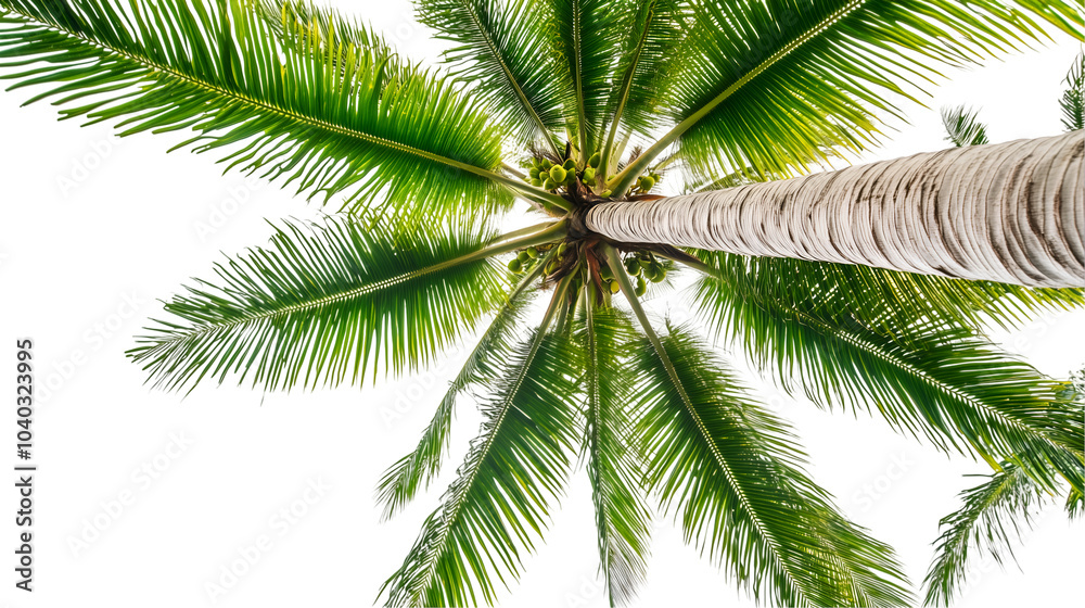 Coconut palm tree view from below isolated on a transparent background showcasing lush green fronds, PNG Coconut palm tree view from below isolated on a transparent background showcasing lush green fronds, PNG