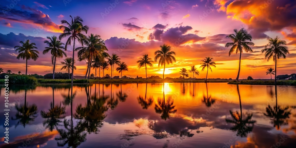Tropical Sunset with Bokeh Effect Over Palm Tree Silhouette and Tranquil Water for Serene Vacation Vibes Tropical Sunset with Bokeh Effect Over Palm Tree Silhouette and Tranquil Water for Serene Vacation Vibes