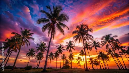 Tropical Sunset Silhouettes of Palm Trees - Low Light Photography for Scenic Landscapes