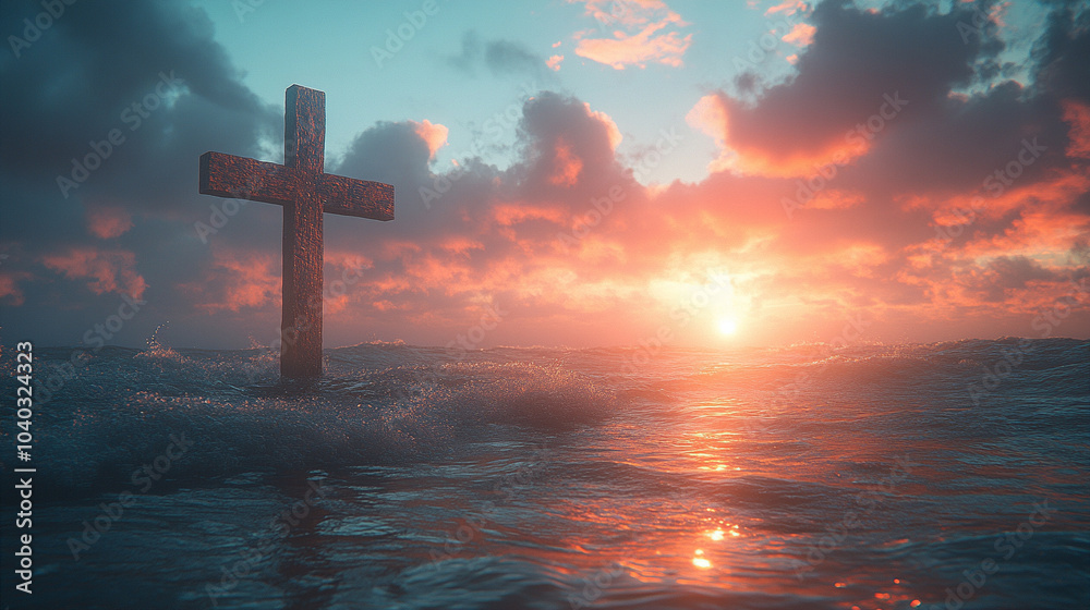 seascape at sunset with a silhouette of a cross in the foreground. The glowing sky reflects spiritual symbolism, evoking feelings of hope, peace, and reflection in nature's beauty seascape at sunset with a silhouette of a cross in the foreground. The glowing sky reflects spiritual symbolism, evoking feelings of hope, peace, and reflection in nature's beauty