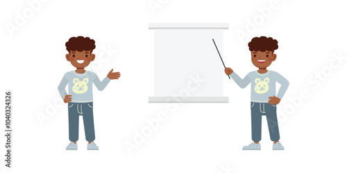 Kid wear blue shirt character set. Boy doing presentation vector illustration design.