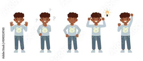 Kid wear blue shirt character set. Boy thinking, analysis, and idea process vector illustration design.