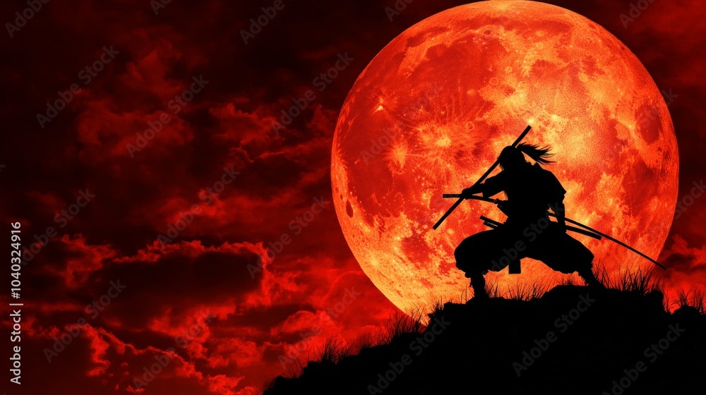 Martial Arts Spirit, A silhouette of a warrior embodies samurai culture against a vivid red backdrop under a full moon, evoking strength and discipline. Martial Arts Spirit, A silhouette of a warrior embodies samurai culture against a vivid red backdrop under a full moon, evoking strength and discipline.