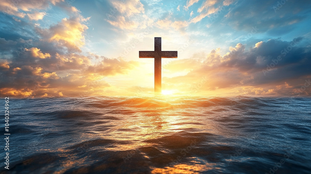 seascape at sunset with a silhouette of a cross in the foreground. The glowing sky reflects spiritual symbolism, evoking feelings of hope, peace, and reflection in nature's beauty seascape at sunset with a silhouette of a cross in the foreground. The glowing sky reflects spiritual symbolism, evoking feelings of hope, peace, and reflection in nature's beauty